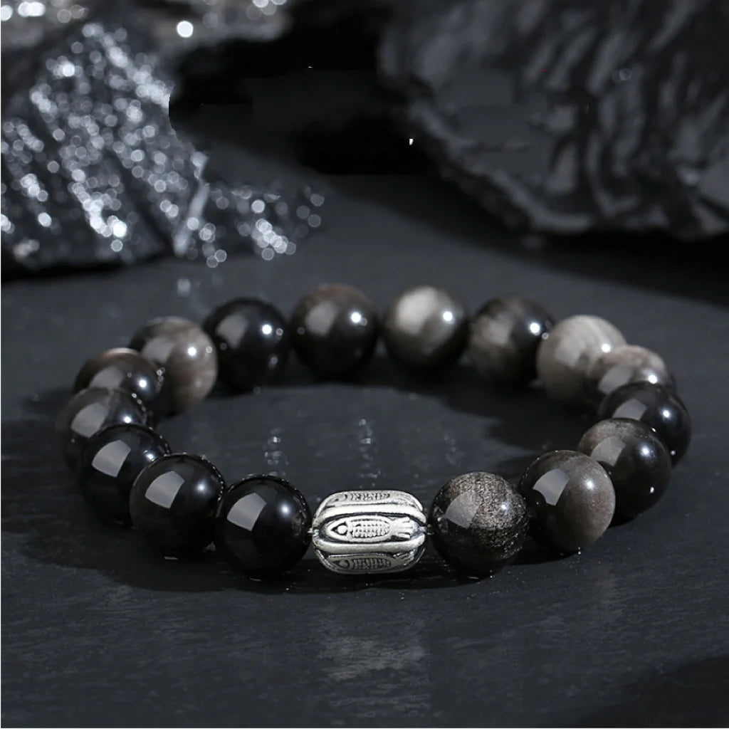 Oriental Treasure Chinese KOI FISH Bracelet Natural Black Obsidian Bracelet Good Luck 999 Sterling Silver Adjustable Bracelet for Men/Dad/Boy