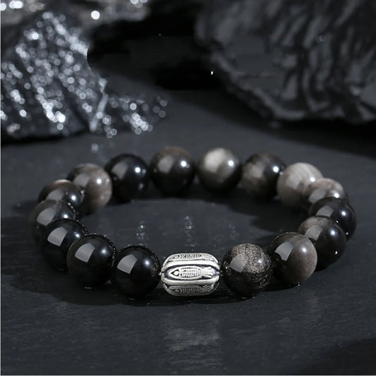 Oriental Treasure Chinese KOI FISH Bracelet Natural Black Obsidian Bracelet Good Luck 999 Sterling Silver Adjustable Bracelet for Men/Dad/Boy
