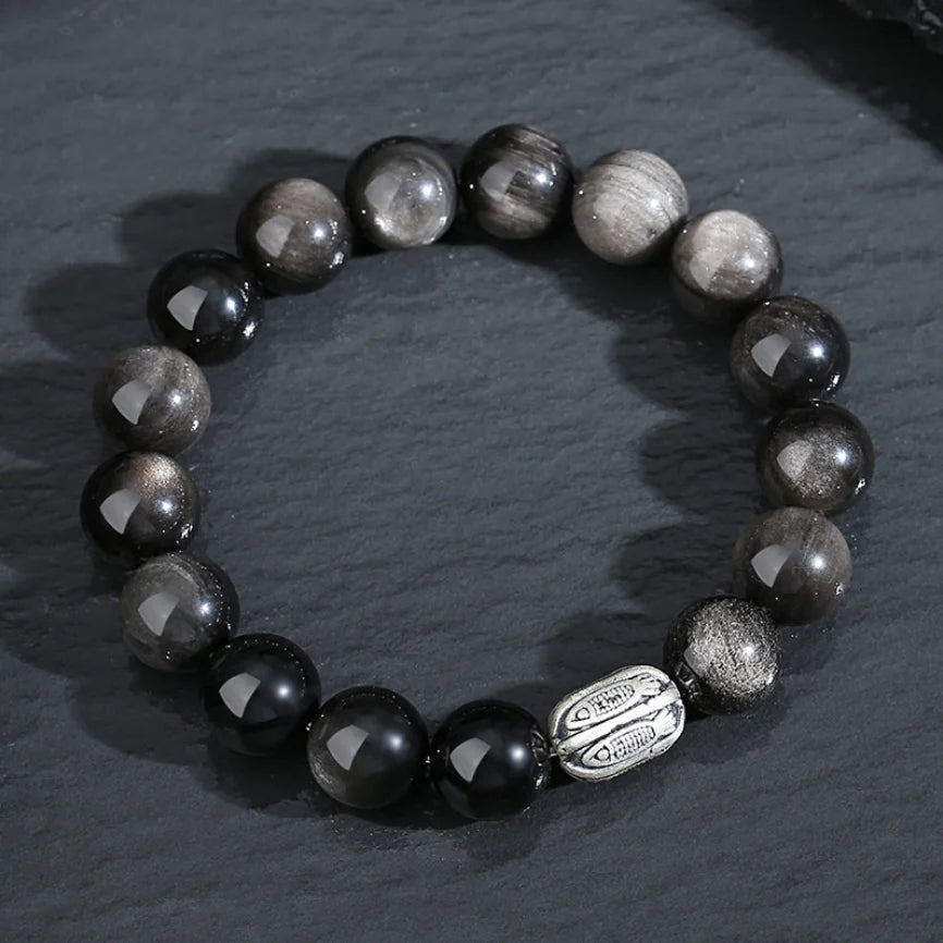 Oriental Treasure Chinese KOI FISH Bracelet Natural Black Obsidian Bracelet Good Luck 999 Sterling Silver Adjustable Bracelet for Men/Dad/Boy