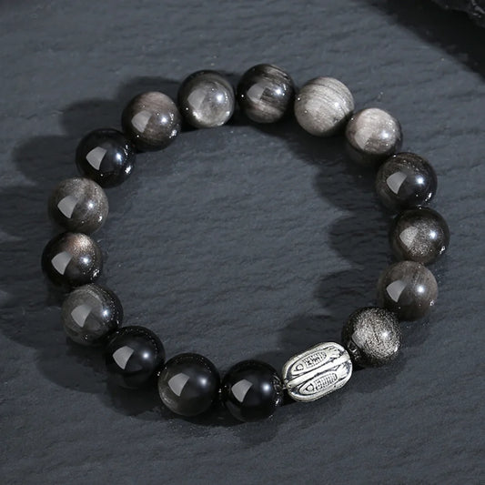 Oriental Treasure Chinesischer KOI FISCH Armband Natürlicher Schwarzer Obsidian Armband Glück 999 Sterling Silber Verstellbarer Armband für Männer/Vater/Junge