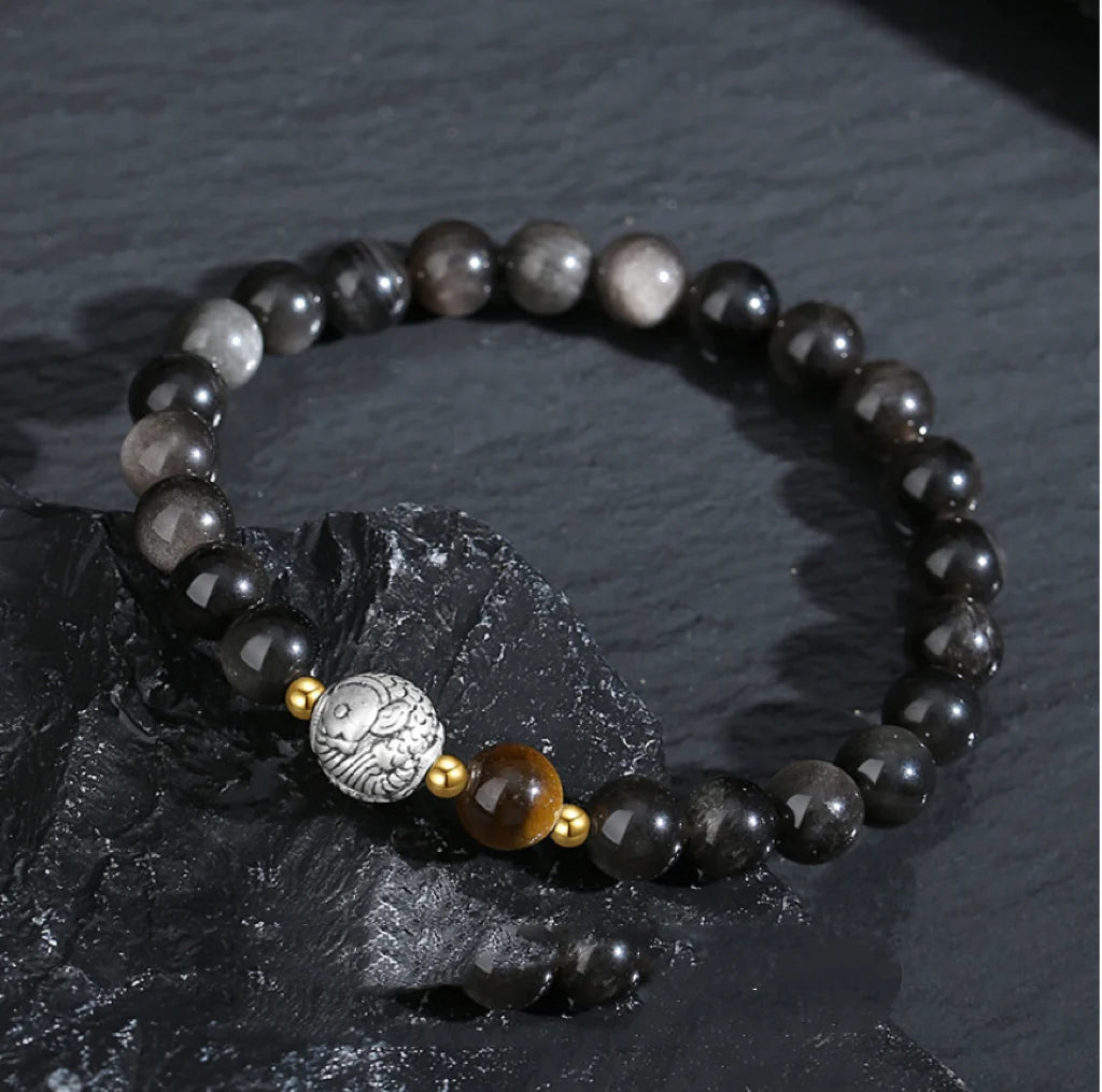 Bijou Trésor Oriental Bracelet de Poisson KOI Chinois Qualité Bracelet d'Obsidienne Noire Bonne Chance Œil de Tigre Argent Massif 999 Bracelet Réglable pour Homme/Papa/Garçon
