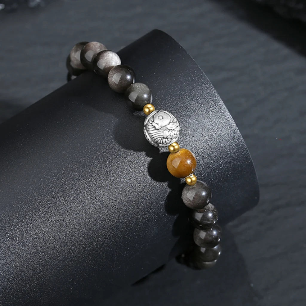 Bijou Trésor Oriental Bracelet de Poisson KOI Chinois Qualité Bracelet d'Obsidienne Noire Bonne Chance Œil de Tigre Argent Massif 999 Bracelet Réglable pour Homme/Papa/Garçon