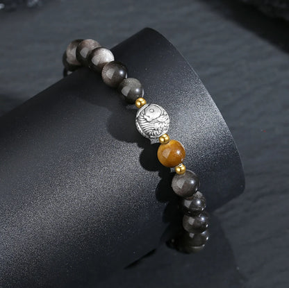 Bijou Trésor Oriental Bracelet de Poisson KOI Chinois Qualité Bracelet d'Obsidienne Noire Bonne Chance Œil de Tigre Argent Massif 999 Bracelet Réglable pour Homme/Papa/Garçon