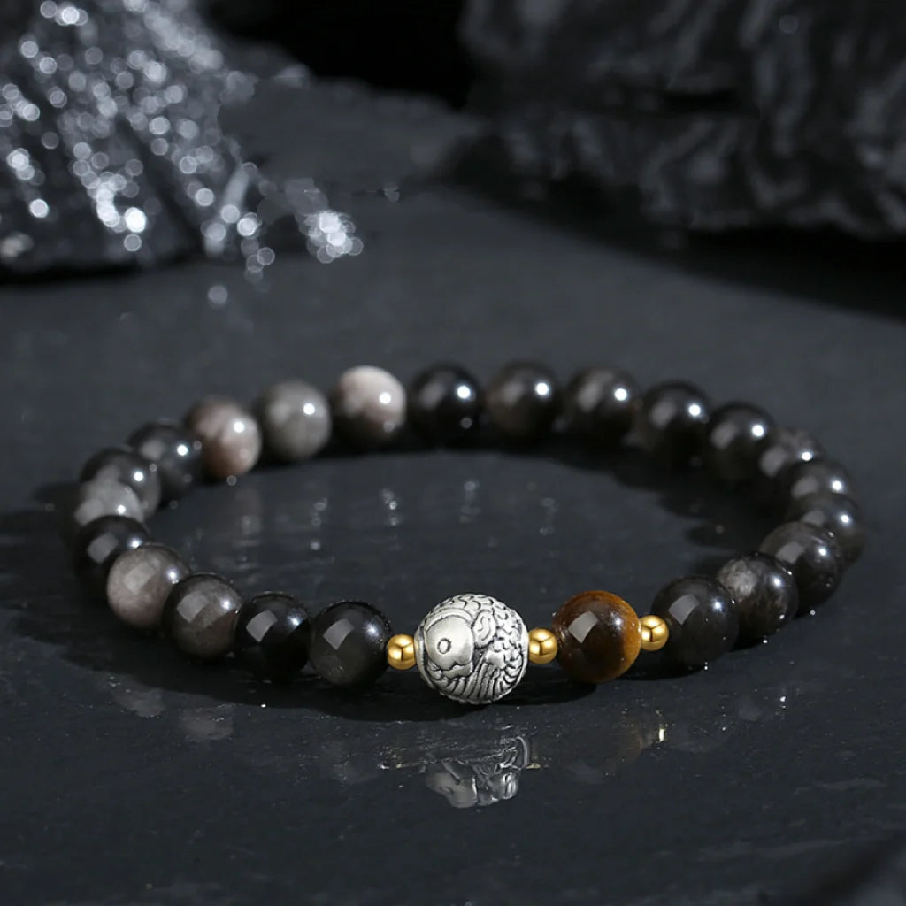Bijou Trésor Oriental Bracelet de Poisson KOI Chinois Qualité Bracelet d'Obsidienne Noire Bonne Chance Œil de Tigre Argent Massif 999 Bracelet Réglable pour Homme/Papa/Garçon