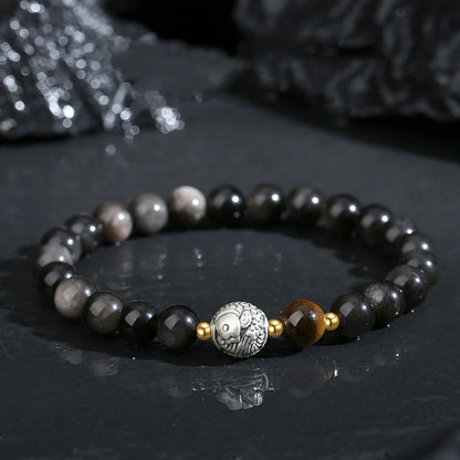 Bijou Trésor Oriental Bracelet de Poisson KOI Chinois Qualité Bracelet d'Obsidienne Noire Bonne Chance Œil de Tigre Argent Massif 999 Bracelet Réglable pour Homme/Papa/Garçon