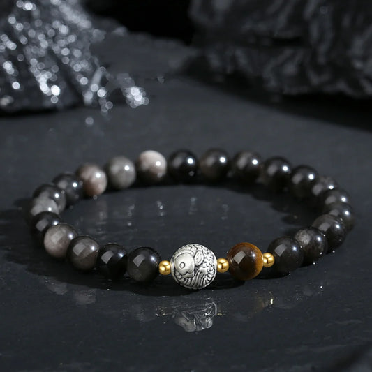 Oriental Treasure Chinese KOI FISH Bracelet Quality Black Obsidian Bracelet Good Luck Tiger's Eye 999 Sterling Silver Adjustable Bracelet for Men/Dad/Boy