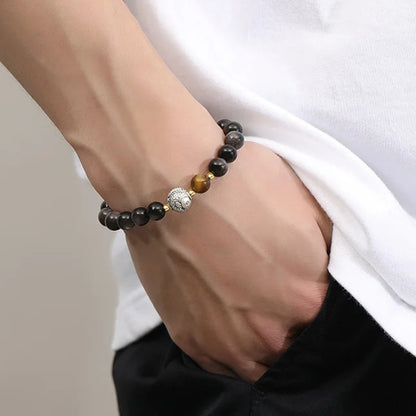 Bijou Trésor Oriental Bracelet de Poisson KOI Chinois Qualité Bracelet d'Obsidienne Noire Bonne Chance Œil de Tigre Argent Massif 999 Bracelet Réglable pour Homme/Papa/Garçon