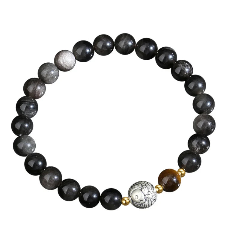 Bijou Trésor Oriental Bracelet de Poisson KOI Chinois Qualité Bracelet d'Obsidienne Noire Bonne Chance Œil de Tigre Argent Massif 999 Bracelet Réglable pour Homme/Papa/Garçon