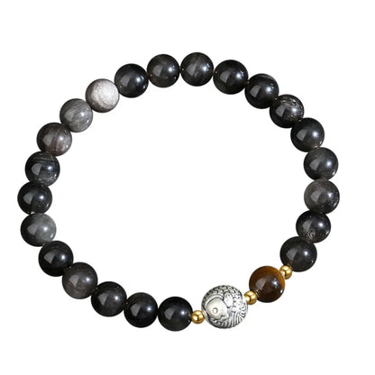 Bijou Trésor Oriental Bracelet de Poisson KOI Chinois Qualité Bracelet d'Obsidienne Noire Bonne Chance Œil de Tigre Argent Massif 999 Bracelet Réglable pour Homme/Papa/Garçon
