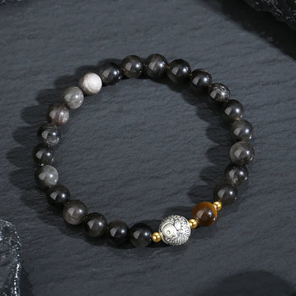 Bijou Trésor Oriental Bracelet de Poisson KOI Chinois Qualité Bracelet d'Obsidienne Noire Bonne Chance Œil de Tigre Argent Massif 999 Bracelet Réglable pour Homme/Papa/Garçon