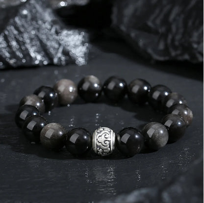 Oriental Treasure Chinese Auspicious Clouds Bracelet Natural Black Obsidian Bracelet 999 Sterling Silver Adjustable