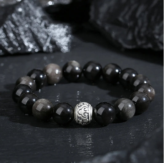 Bracelet Chinois Trésor Oriental Nuages Auspicieux Bracelet d'Obsidienne Noire Naturelle en Argent Sterling 999 Réglable