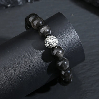 Oriental Treasure Chinese Auspicious Clouds Bracelet Natural Black Obsidian Bracelet 999 Sterling Silver Adjustable