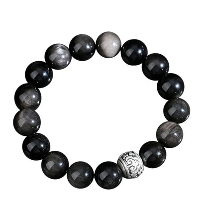 Oriental Treasure Chinese Auspicious Clouds Bracelet Natural Black Obsidian Bracelet 999 Sterling Silver Adjustable