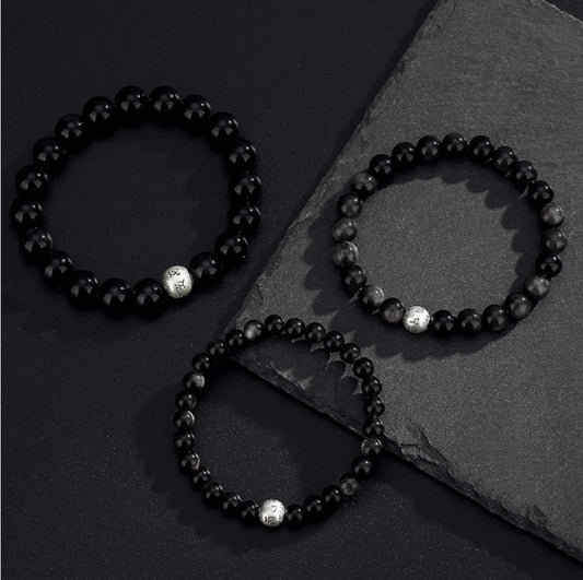 Bracelet Mantra à Six Syllabes Trésor Oriental Purification Naturel Noir Obsidienne Bracelet en Argent Sterling 999 Réglable pour Homme/Papa/Garçons