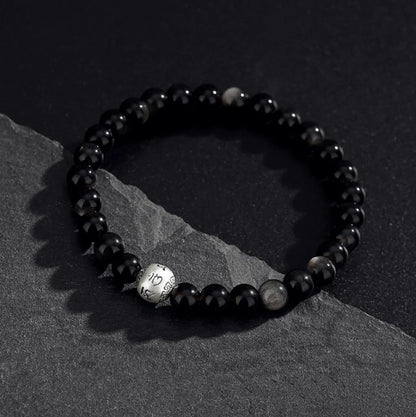 Bracelet Mantra à Six Syllabes Trésor Oriental Purification Naturel Noir Obsidienne Bracelet en Argent Sterling 999 Réglable pour Homme/Papa/Garçons