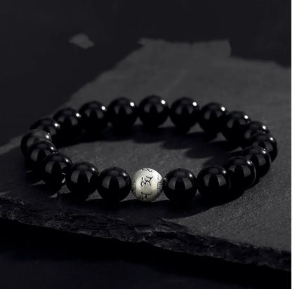 Bracelet Mantra à Six Syllabes Trésor Oriental Purification Naturel Noir Obsidienne Bracelet en Argent Sterling 999 Réglable pour Homme/Papa/Garçons