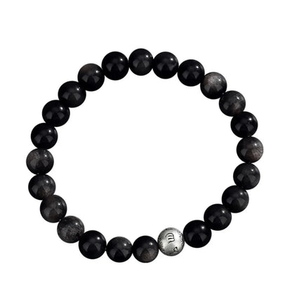 Bracelet Mantra à Six Syllabes Trésor Oriental Purification Naturel Noir Obsidienne Bracelet en Argent Sterling 999 Réglable pour Homme/Papa/Garçons