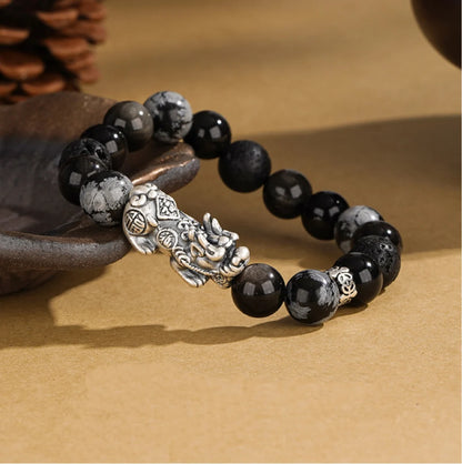 Oriental Treasure Chinese Style Pi Xiu Bracelet Wealth Accumulation Quality Black Obsidian Bracelet 999 Sterling Silver Protection Adjustable