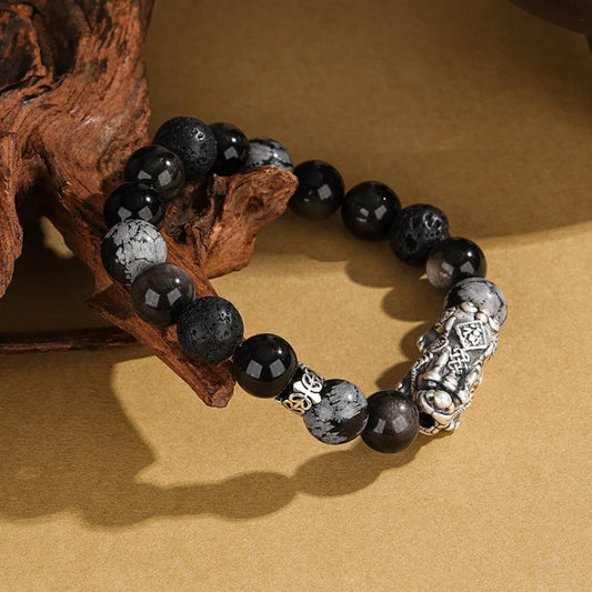 Bracelet Chinois Pi Xiu Style Oriental Trésor Accumulation de Richesse Qualité Bracelet d'Obsidienne Noire Argent Massif 999 Protection Réglable