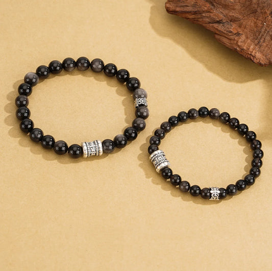 Bracelet Mantra à Six Syllabes Trésor Oriental Purification Bracelet d'Obsidienne Noire Naturelle en Argent Sterling 999 Réglable