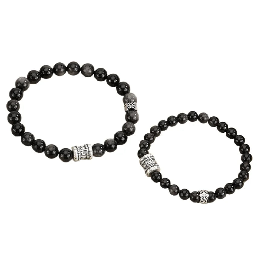 Oriental Treasure Six-Syllable Mantra Bracelet Purification Natural Black Obsidian Bracelet 999 Sterling Silver Adjustable
