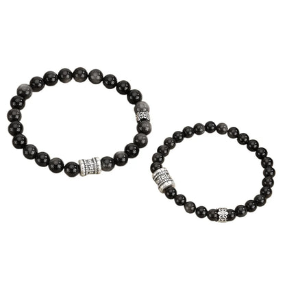 Oriental Treasure Six-Syllable Mantra Bracelet Purification Natural Black Obsidian Bracelet 999 Sterling Silver Adjustable