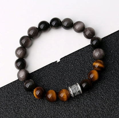 Oriental Treasure Six-Syllable Mantra Bracelet Purification Tiger's Eye Natural Black Obsidian Bracelet 999 Sterling Silver
