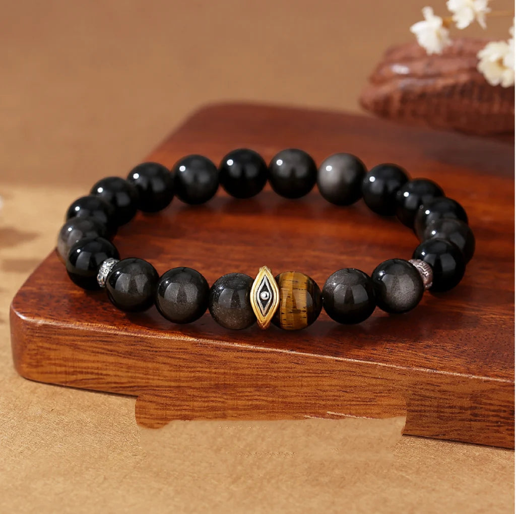 Bracelet Trésor Oriental Œil Maléfique Bracelet d'Obsidienne Noire Naturelle Bracelet d'Œil de Tigre en Argent Sterling 925 Réglable pour Homme/Papa/Garçon