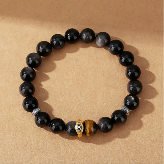 Oriental Treasure Böser Blick Armband Natürlicher Schwarzer Obsidian Armband Tigerauge 925 Sterling Silber Verstellbares Armband für Männer/Vater/Junge