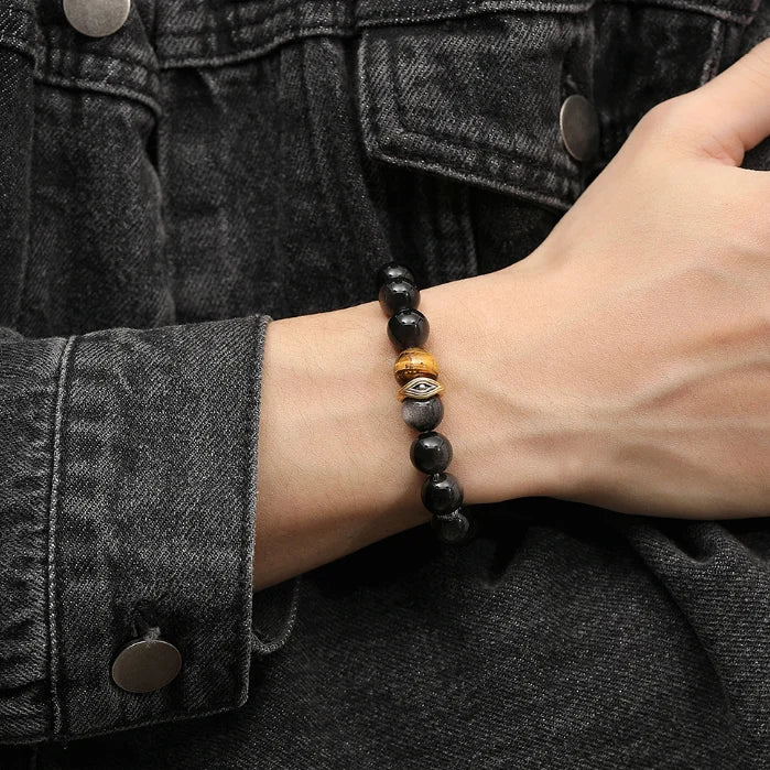 Bracelet Trésor Oriental Œil Maléfique Bracelet d'Obsidienne Noire Naturelle Bracelet d'Œil de Tigre en Argent Sterling 925 Réglable pour Homme/Papa/Garçon
