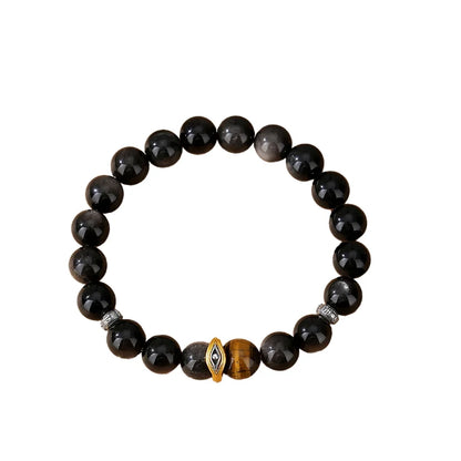 Bracelet Trésor Oriental Œil Maléfique Bracelet d'Obsidienne Noire Naturelle Bracelet d'Œil de Tigre en Argent Sterling 925 Réglable pour Homme/Papa/Garçon