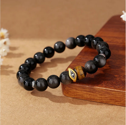 Bracelet Trésor Oriental Œil Maléfique Bracelet d'Obsidienne Noire Naturelle Bracelet d'Œil de Tigre en Argent Sterling 925 Réglable pour Homme/Papa/Garçon