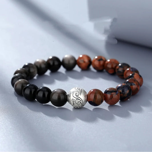 Bracelet Chinois Trésor Oriental Nuages Auspicieux Bracelet d'Obsidienne Noire Naturelle en Argent Sterling 999 Réglable
