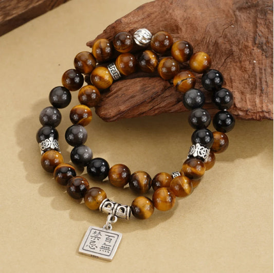 Trésor Oriental Rien Ne M'Effraie Pendentif Carré Bracelet Naturel d'Œil de Tigre Richesse Bracelet d'Obsidienne Noire Bracelet Long en Argent Sterling 925
