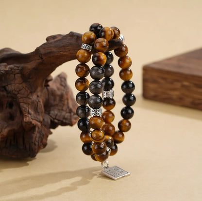 Trésor Oriental Rien Ne M'Effraie Pendentif Carré Bracelet Naturel d'Œil de Tigre Richesse Bracelet d'Obsidienne Noire Bracelet Long en Argent Sterling 925