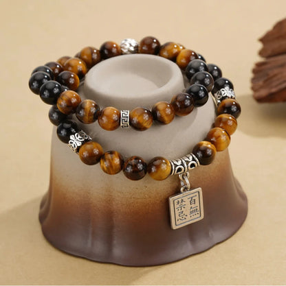 Trésor Oriental Rien Ne M'Effraie Pendentif Carré Bracelet Naturel d'Œil de Tigre Richesse Bracelet d'Obsidienne Noire Bracelet Long en Argent Sterling 925