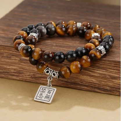 Trésor Oriental Rien Ne M'Effraie Pendentif Carré Bracelet Naturel d'Œil de Tigre Richesse Bracelet d'Obsidienne Noire Bracelet Long en Argent Sterling 925
