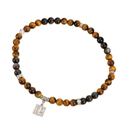 Trésor Oriental Rien Ne M'Effraie Pendentif Carré Bracelet Naturel d'Œil de Tigre Richesse Bracelet d'Obsidienne Noire Bracelet Long en Argent Sterling 925