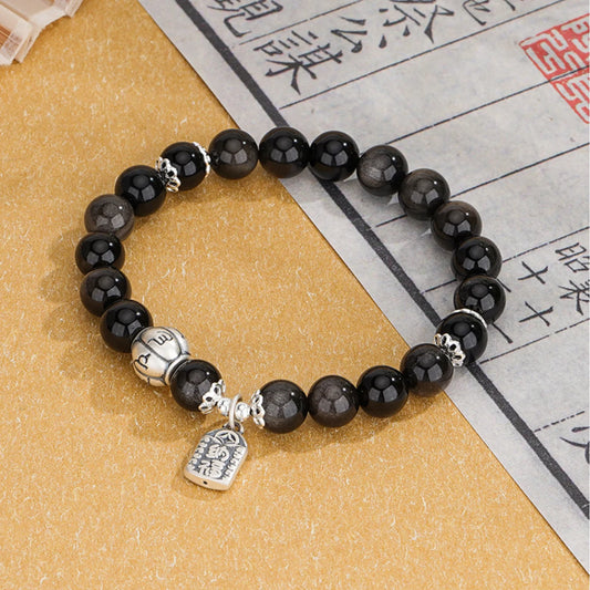 Bracelet Mantra à Six Syllabes Trésor Oriental Purification Bracelet en Obsidienne Noire Naturelle Bracelet de Protection en Argent Sterling 999 Réglable pour Femme