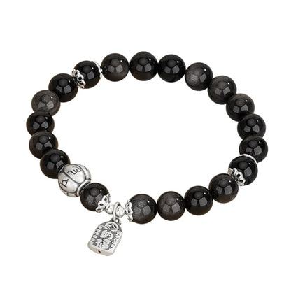 Oriental Treasure Six-Syllable Mantra Bracelet Purification Natural Black Obsidian Bracelet 999 Sterling Silver Protection Adjustable Bracelet for Women