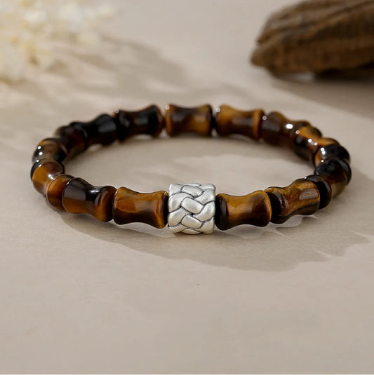 Bijou Oriental Trésor Bracelet de Bambou Chinois Qualité Bracelet d'Œil de Tigre Aimant de Richesse Argent Massif 999 Protection Réglable