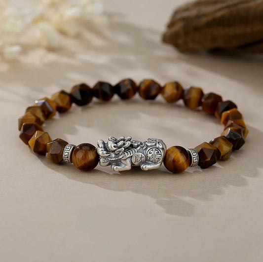 Bracelet Chinois Pi Xiu Trésor Oriental Double Richesse Pierre d'Oeil de Tigre Naturelle en Forme Spéciale Perles Irrégulières Argent 999 Étuve Réglable