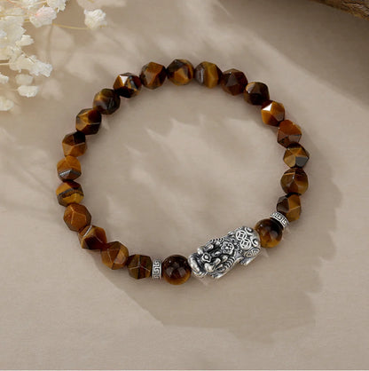 Oriental Treasure Chinese Pi Xiu Bracelet Dual Wealth Natural Special-shaped Tiger's Eye Stone Bracelet Irregular beads 999 Sterling Silver Adjustable Bracelet