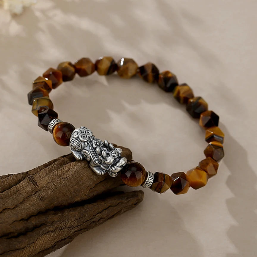 Oriental Treasure Chinese Pi Xiu Bracelet Dual Wealth Natural Special-shaped Tiger's Eye Stone Bracelet Irregular beads 999 Sterling Silver Adjustable Bracelet