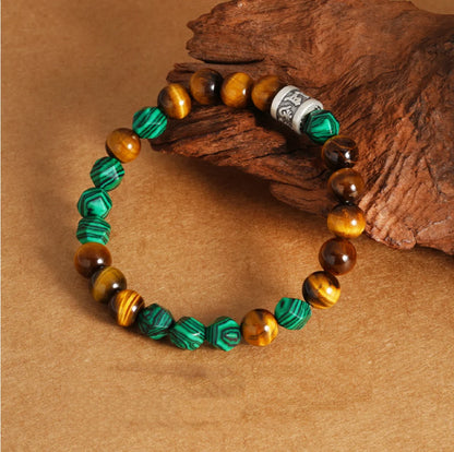 Oriental Treasure Six-Syllable Mantra Bracelet Purification Natural Tiger's Eye Bracelet Malachite 999 Sterling Silver