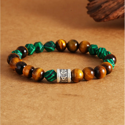 Bracelet Mantra à Six Syllabes Trésor Oriental Purification Bracelet d'Œil de Tigre Naturel Malachite Argent 999 Sterling