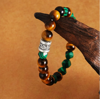 Oriental Treasure Six-Syllable Mantra Bracelet Purification Natural Tiger's Eye Bracelet Malachite 999 Sterling Silver