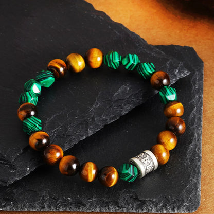 Oriental Treasure Six-Syllable Mantra Bracelet Purification Natural Tiger's Eye Bracelet Malachite 999 Sterling Silver