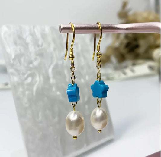 Oriental Treasure Natural Turquoise Earrings with Pearl, 14k Gold Earrings, Long Turquoise Star Earrings, Modern Earrings in Gold Filled, Sterling silver, Gift for Her